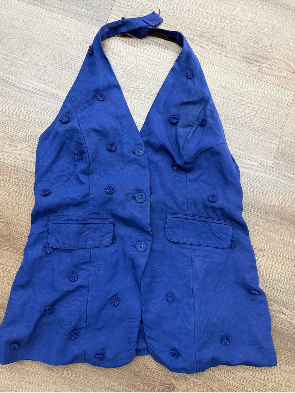 Maeve Blue Halter Button-Front Vest with Floral Knot Details Sz M